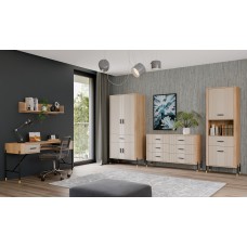 Kumode ar atvilknēm un durvīm DANTE DT08, Ozols cremona/Kašmirs matēts/Zelts